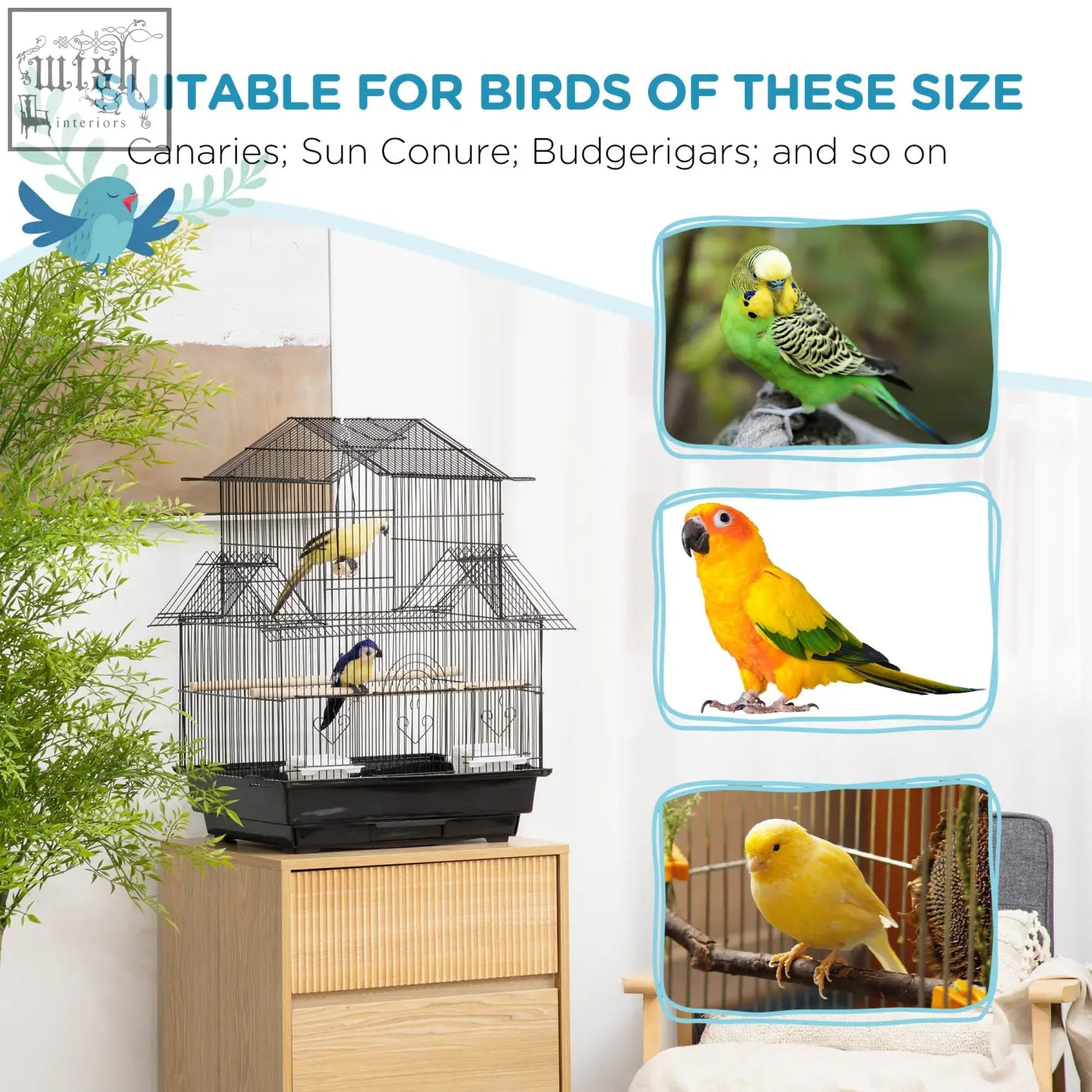 Black metal bird cage with multi-level design plastic food containers and handle for feathered friends like finch budgie