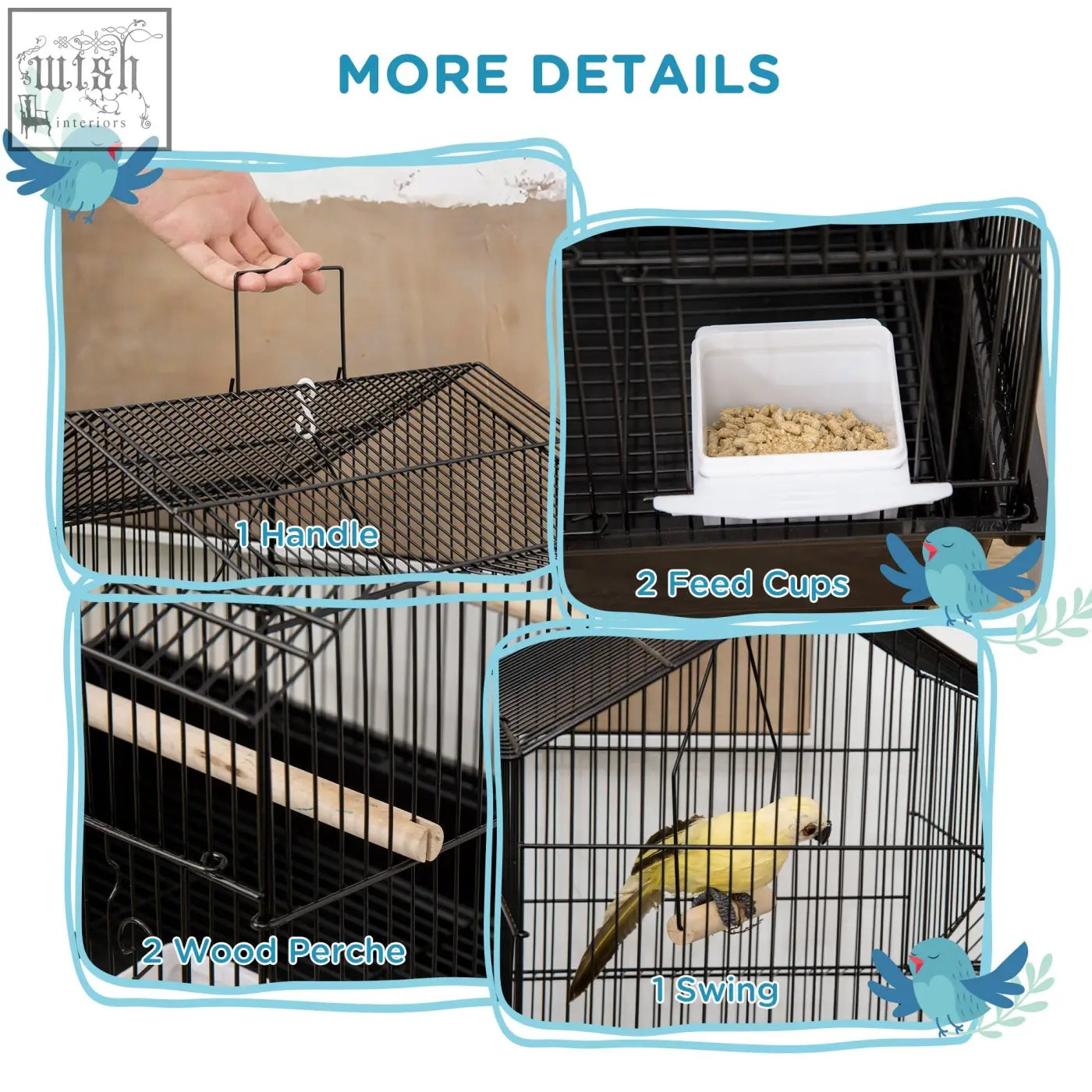 Black metal bird cage with handle plastic food containers wooden perches and swing for feathered friends