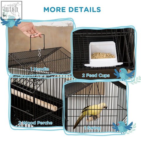 Black metal bird cage with handle plastic food containers wooden perches and swing for feathered friends