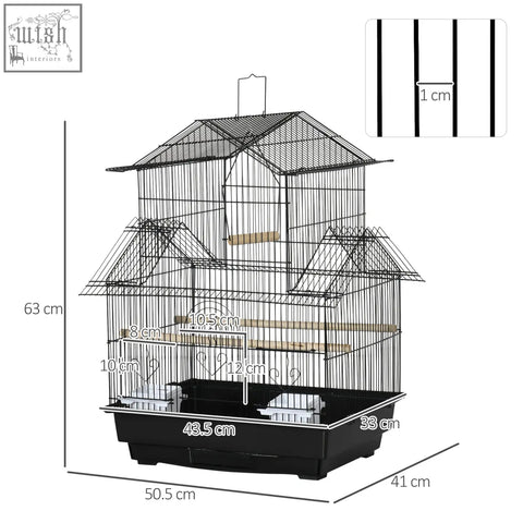 Black metal pawhut bird cage with plastic food containers wooden perches and tray base for feathered friends