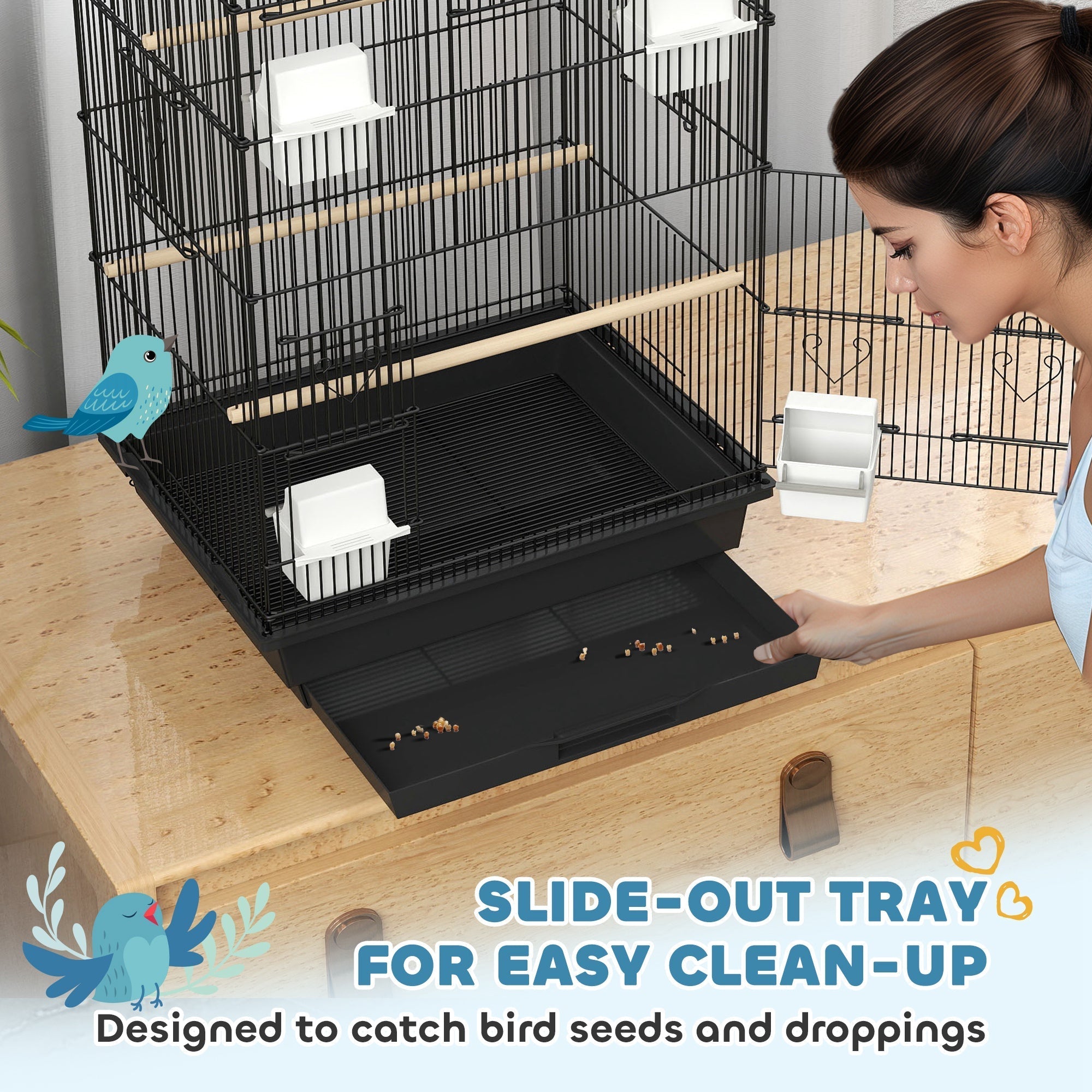 PawHut Metal Bird Cage with Plastic Swing, Perch, Food Container, Tray, Handle, for Finches, Canaries, 43 x 32.5 x 104cm