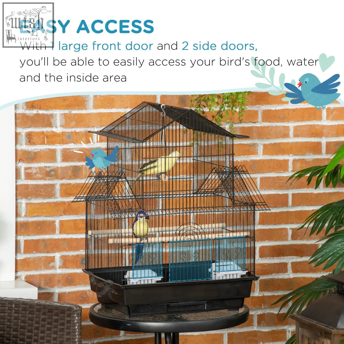 Pawhut black metal bird cage with plastic food containers and blue base for feathered friends like finch canary budgie