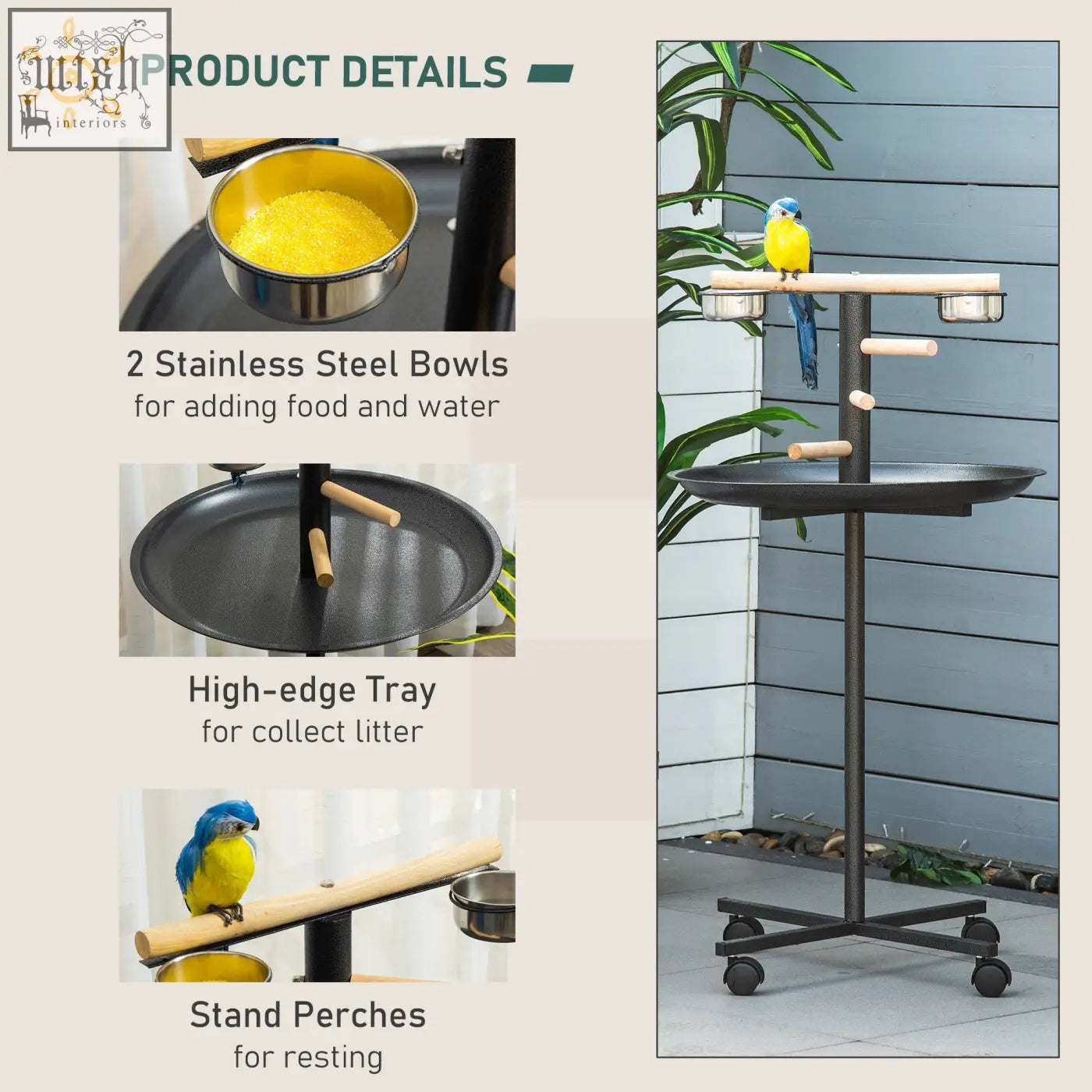 Black metal bird stand with wooden perches two stainless steel feeding bowls round tray and wheels for parrots