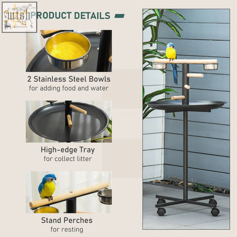 Black metal bird stand with wooden perches two stainless steel feeding bowls round tray and wheels for parrots