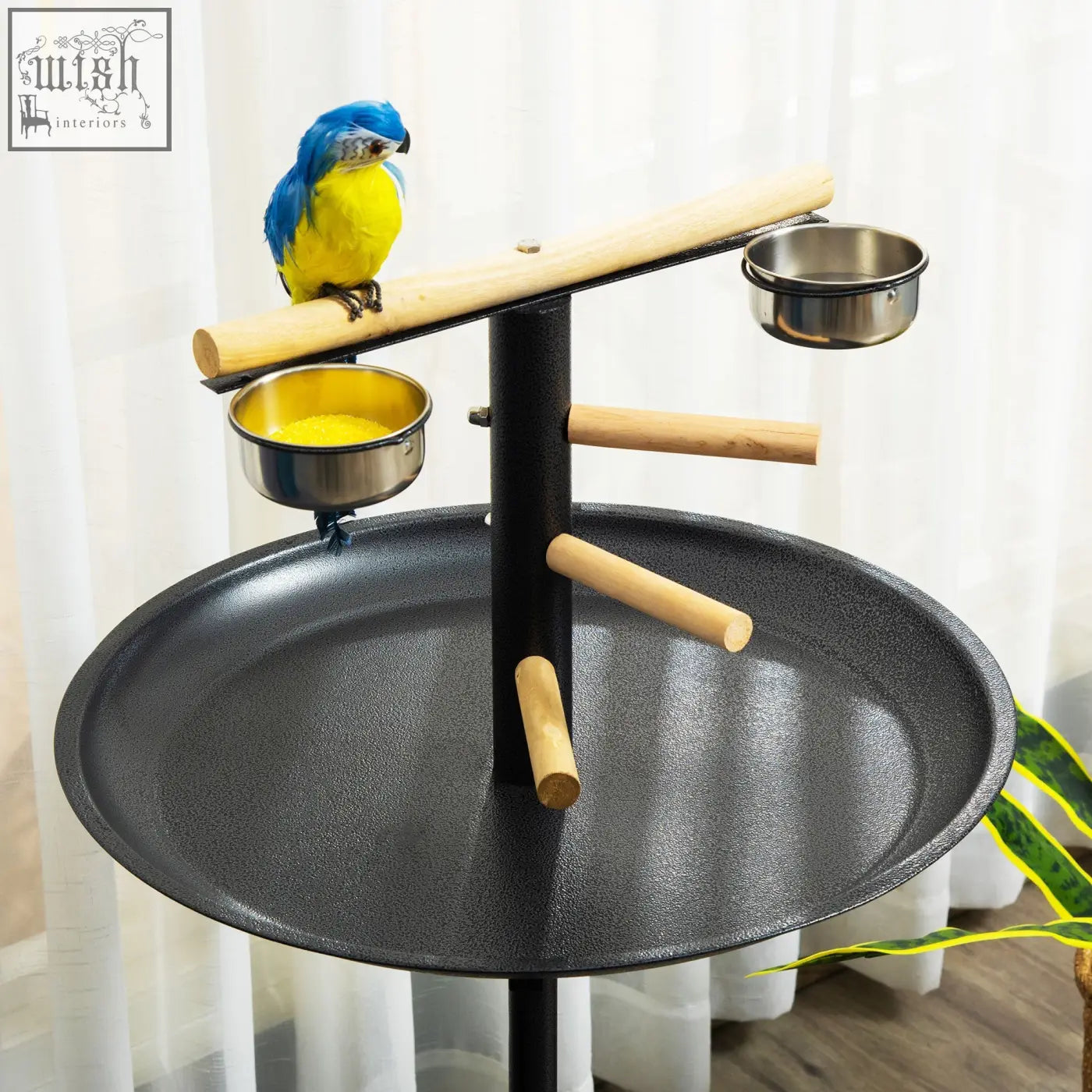 Pawhut metal bird table play stand with black metal and wood perch and two stainless steel bowls on round tray