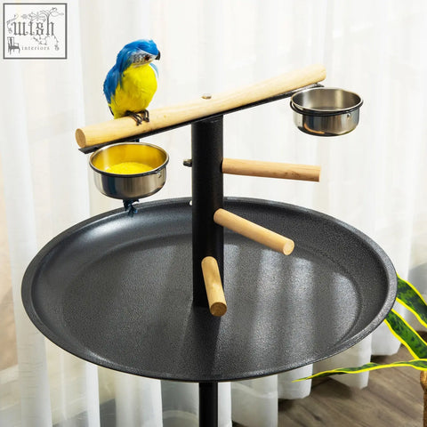 Pawhut metal bird table play stand with black metal and wood perch and two stainless steel bowls on round tray