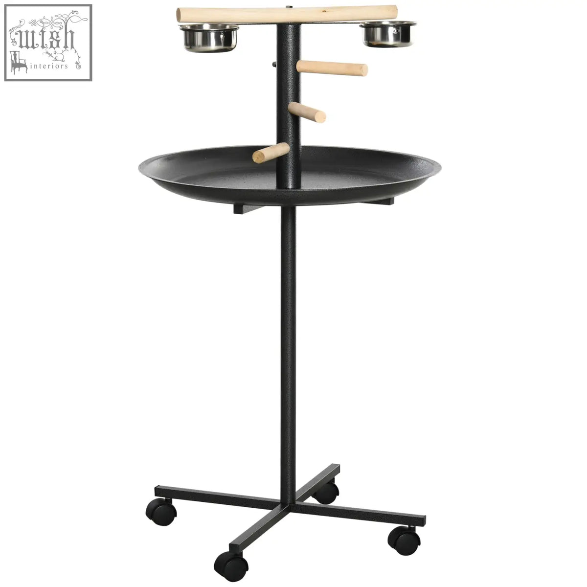 Pawhut black metal bird stand with wooden perches two stainless steel bowls and round tray on four wheels