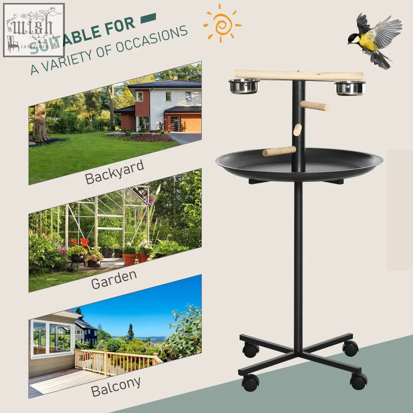Pawhut black metal bird feeder stand with wooden perches, two stainless steel bowls, round tray, and four wheels
