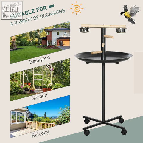 Pawhut black metal bird feeder stand with wooden perches, two stainless steel bowls, round tray, and four wheels