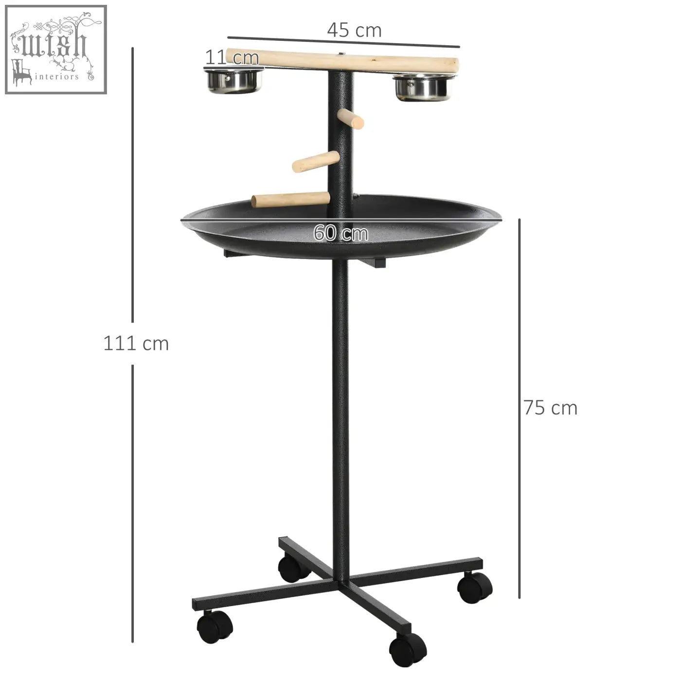 Pawhut black metal bird stand with wooden perches two stainless steel feeding bowls round tray base and caster wheels