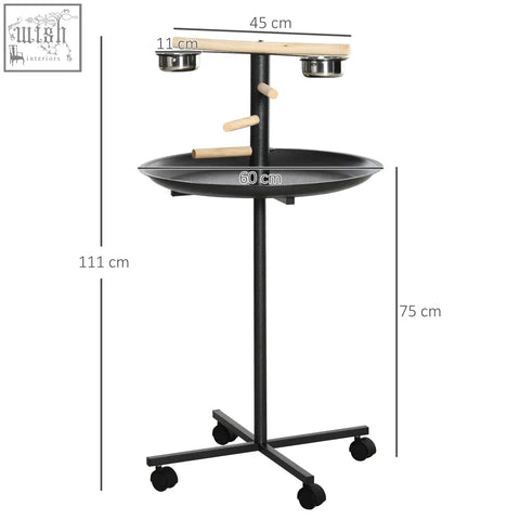 Pawhut black metal bird stand with wooden perches two stainless steel feeding bowls round tray base and caster wheels