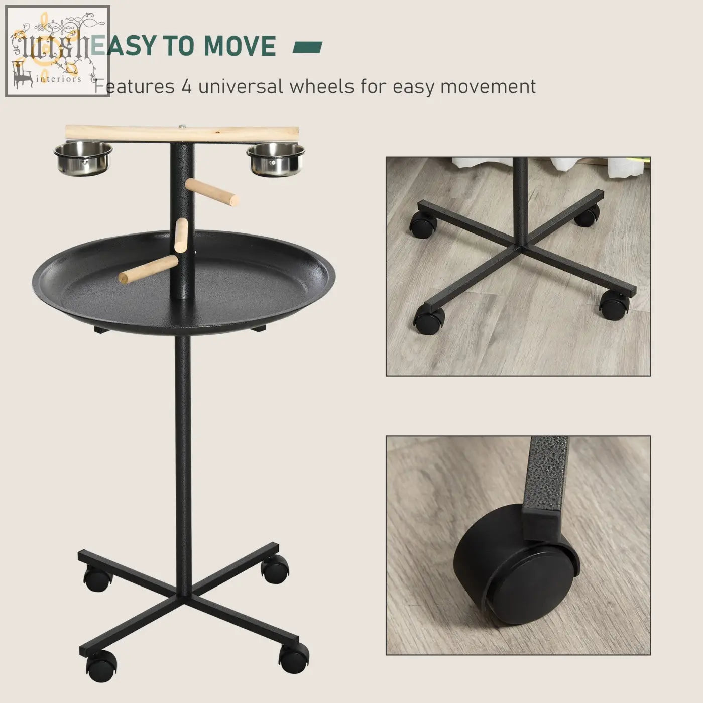 Black metal bird stand with wooden perches, two stainless steel bowls, and round tray on four wheels for parrots
