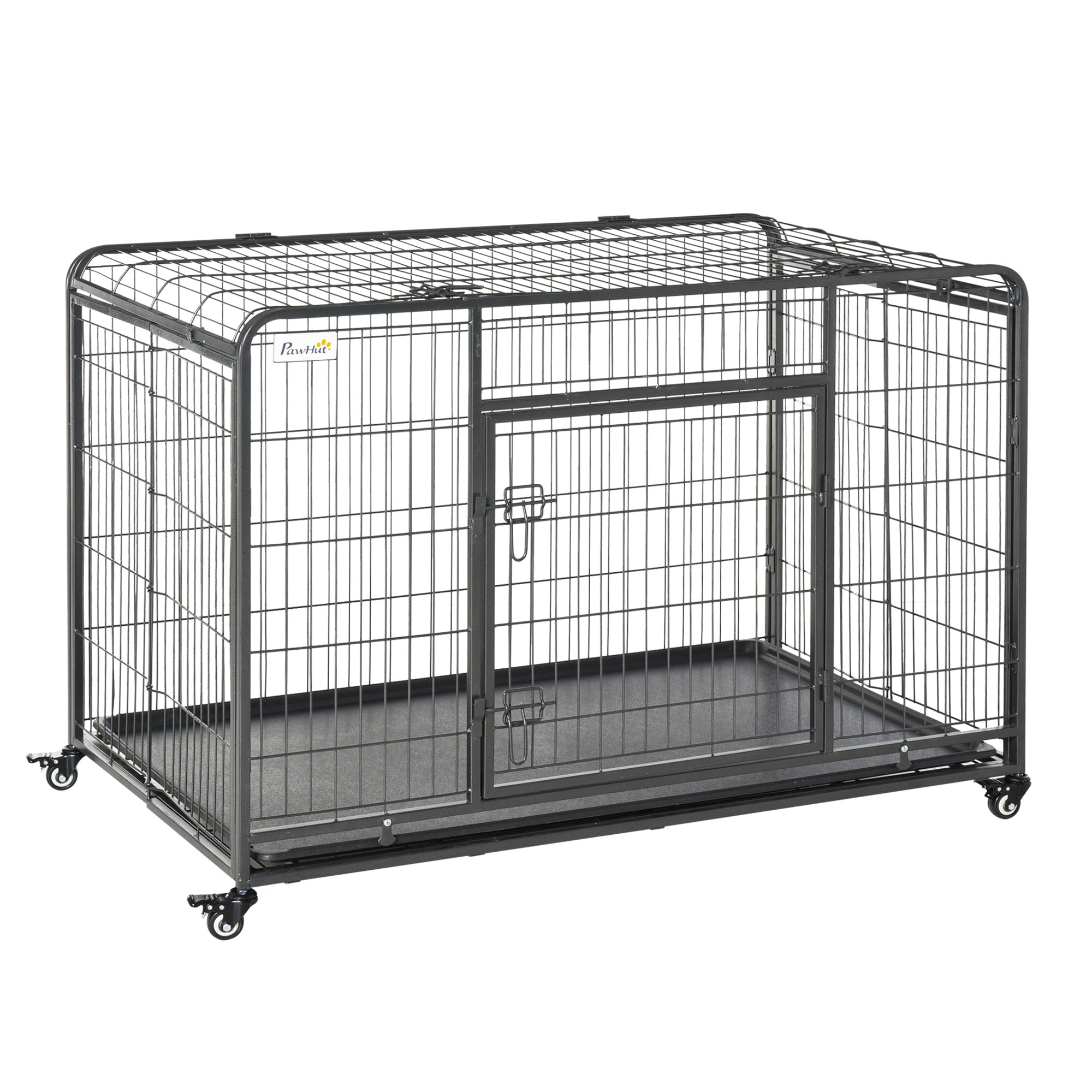 Black metal wire dog crate with four locking wheels, sliding door, and easy access sized 125l x 76w for extra large pets