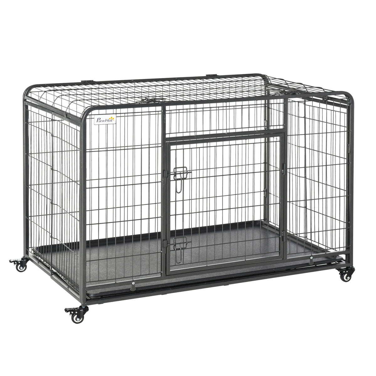Black metal wire dog crate with four locking wheels, sliding door, and easy access sized 125l x 76w for extra large pets