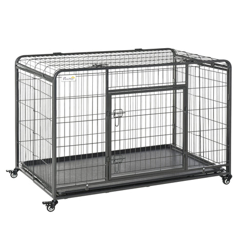 Black metal wire dog crate with four locking wheels, sliding door, and easy access sized 125l x 76w for extra large pets
