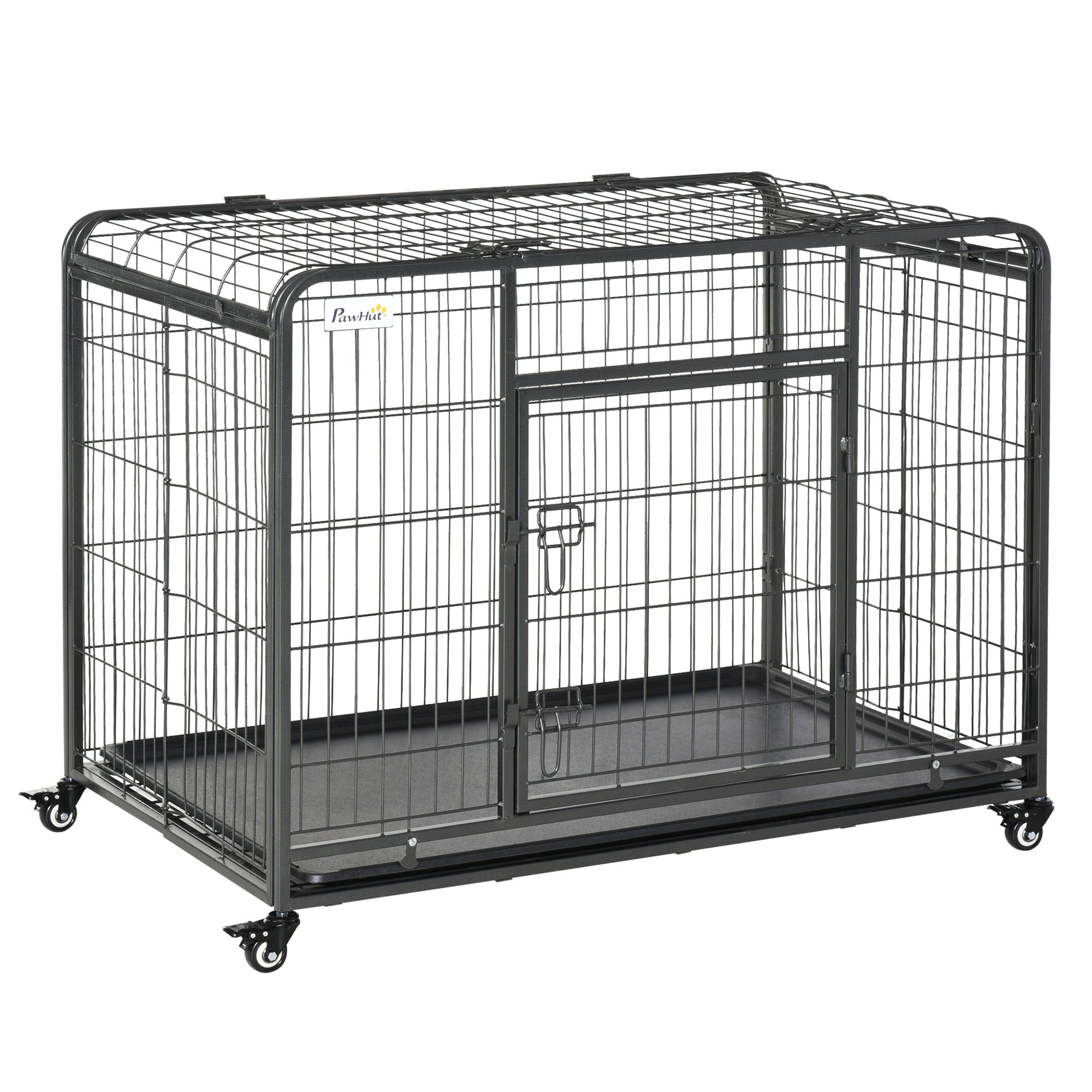 Black metal wire dog crate with four locking wheels and sliding door for easy access by pawhut kennels