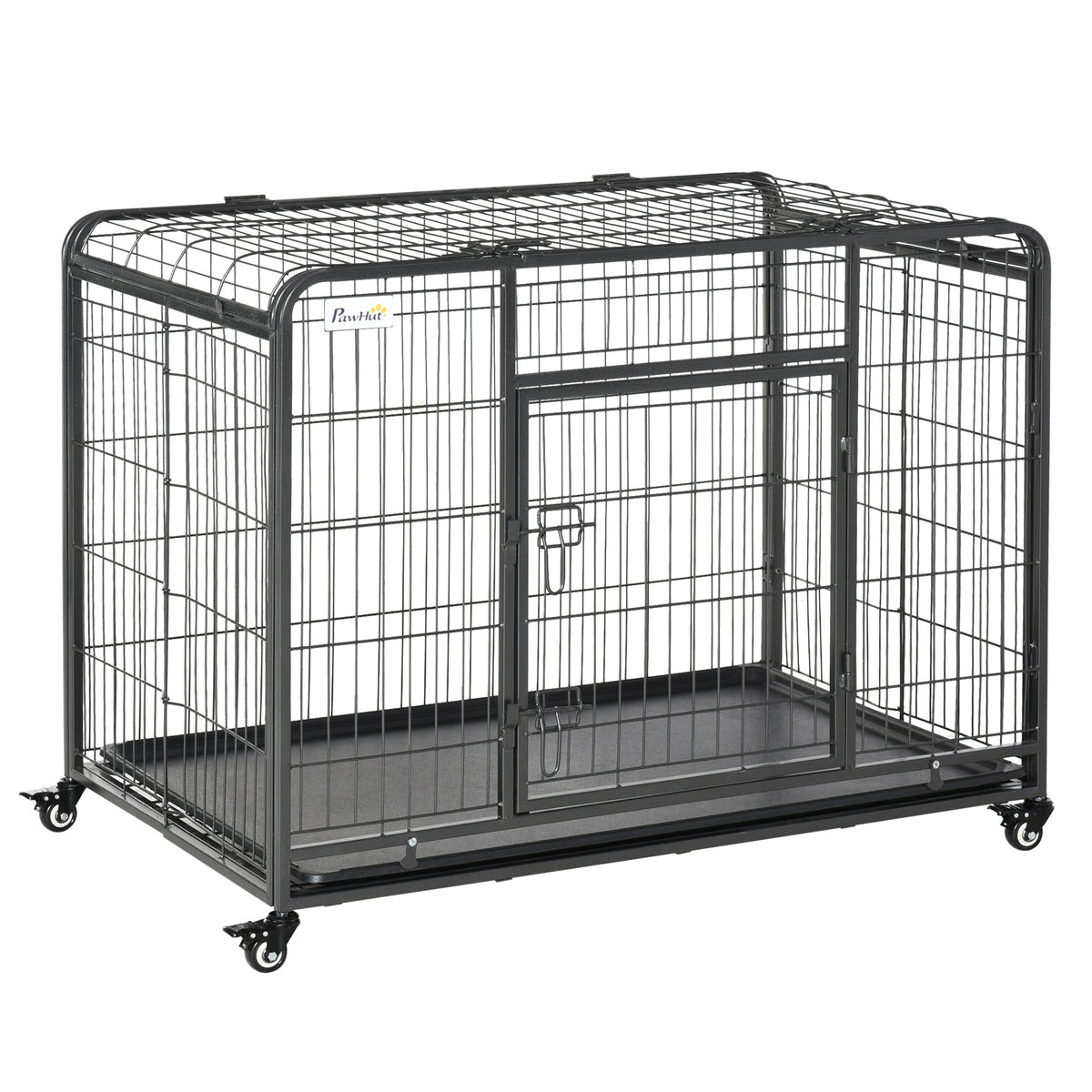 Black metal wire dog crate with four locking wheels and sliding door for easy access by pawhut kennels