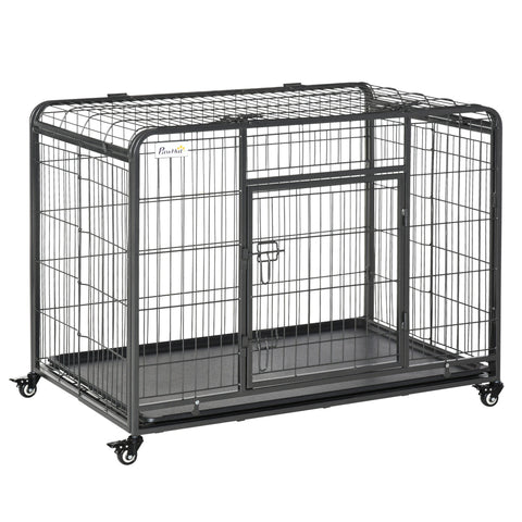 Black metal wire dog crate with four locking wheels and sliding door for easy access by pawhut kennels