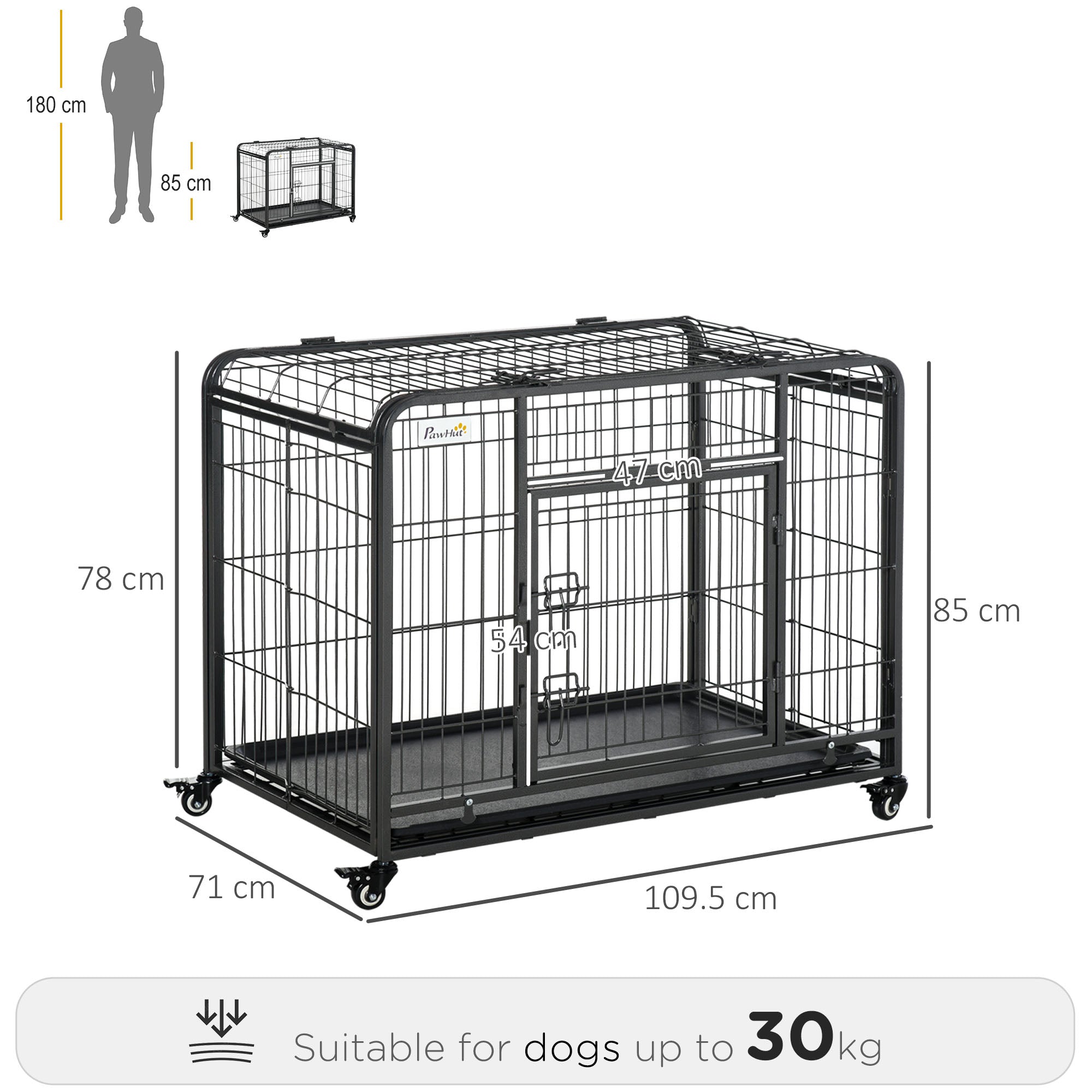 Black metal dog crate with four locking wheels and sliding door for easy access designed for dogs up to 30 kg