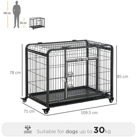 Black metal dog crate with four locking wheels and sliding door for easy access designed for dogs up to 30 kg