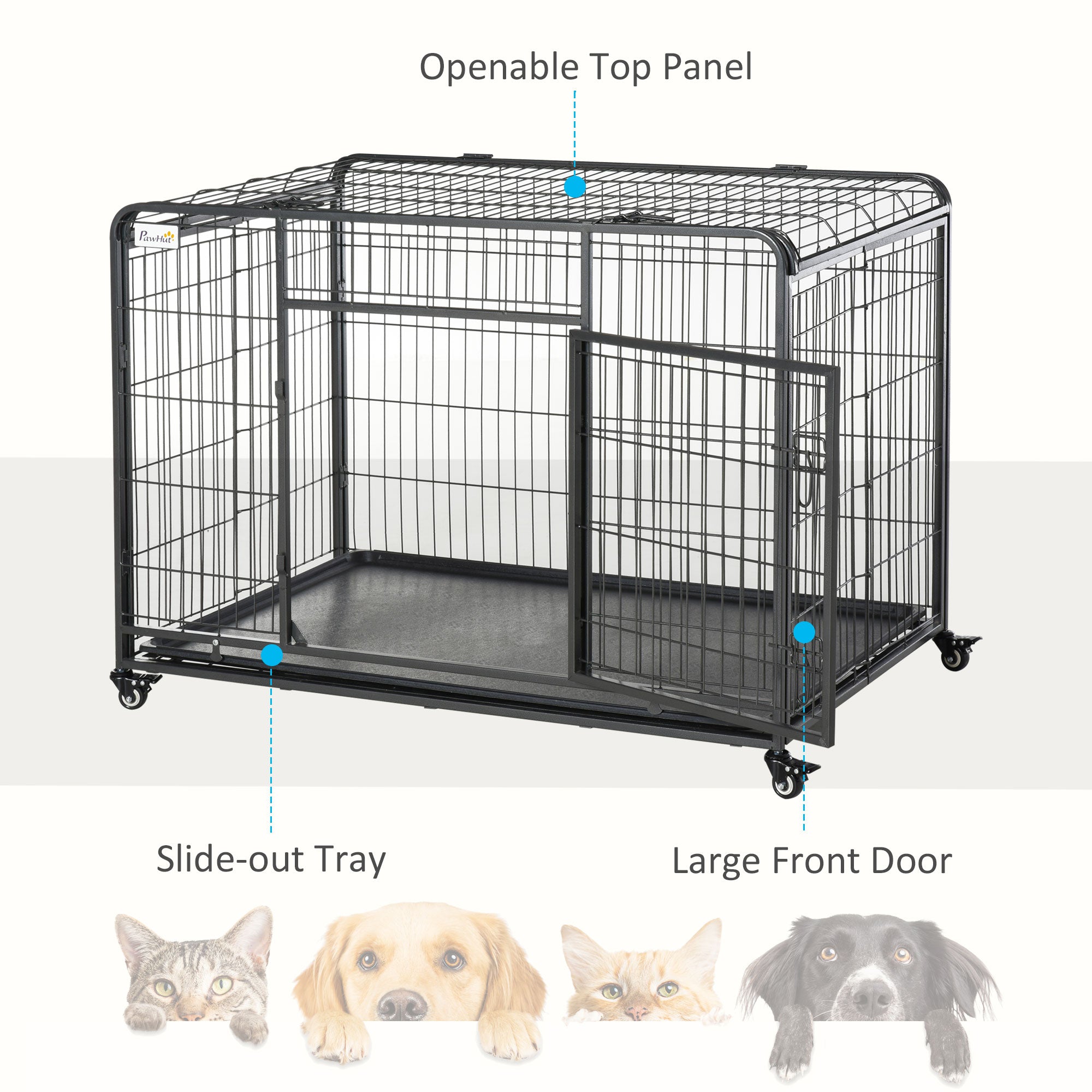Black metal dog crate with four locking wheels slide-out tray openable top for easy access 125l x 76w cm