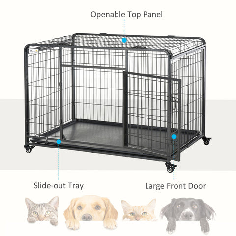 Black metal dog crate with four locking wheels slide-out tray openable top for easy access 125l x 76w cm