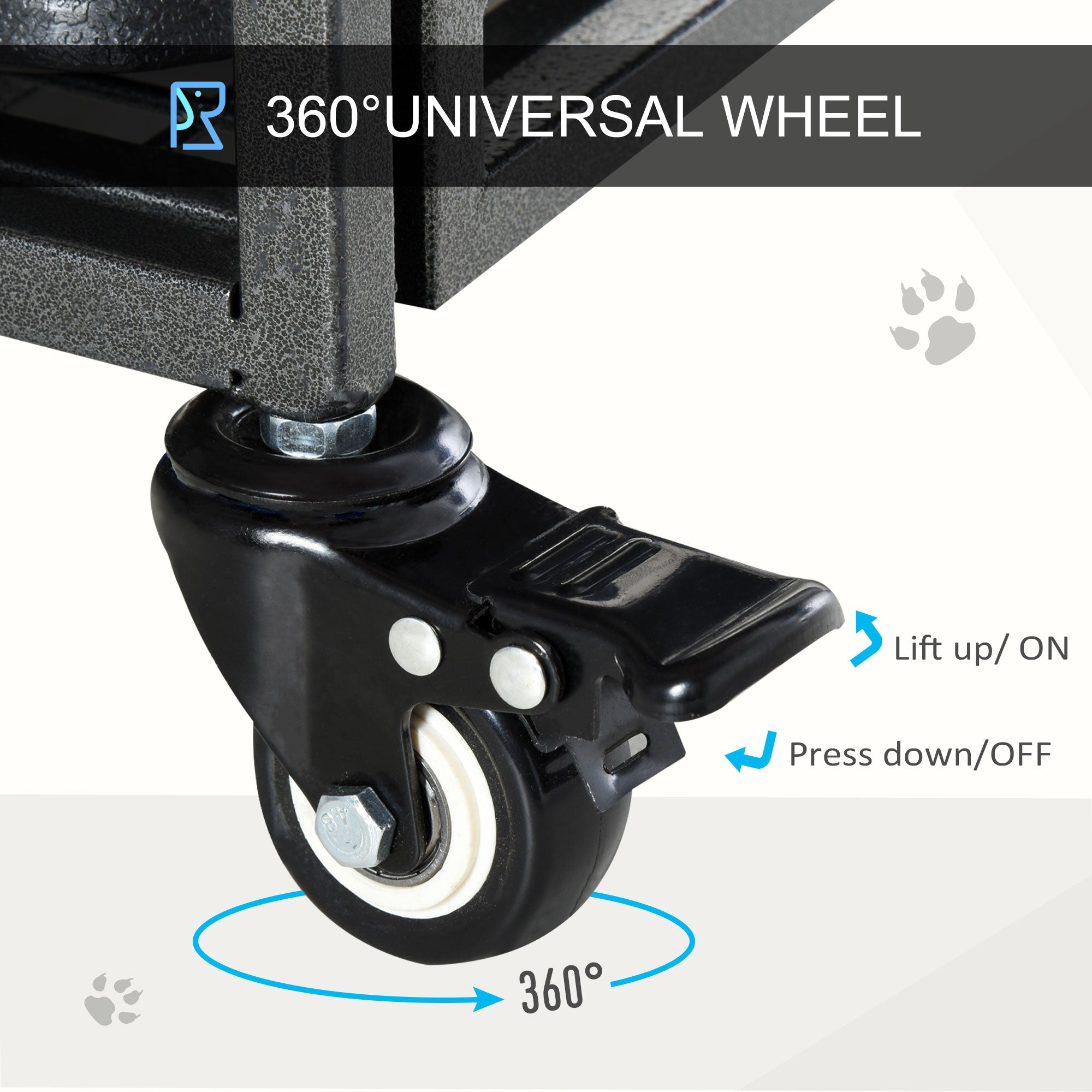 Black 360-degree universal caster wheel with white rubber tire and brake lever for pawhut metal dog cage four locking wheels