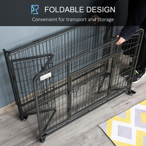 Black foldable metal dog crate with four locking wheels and easy access door for large pets by pawhut
