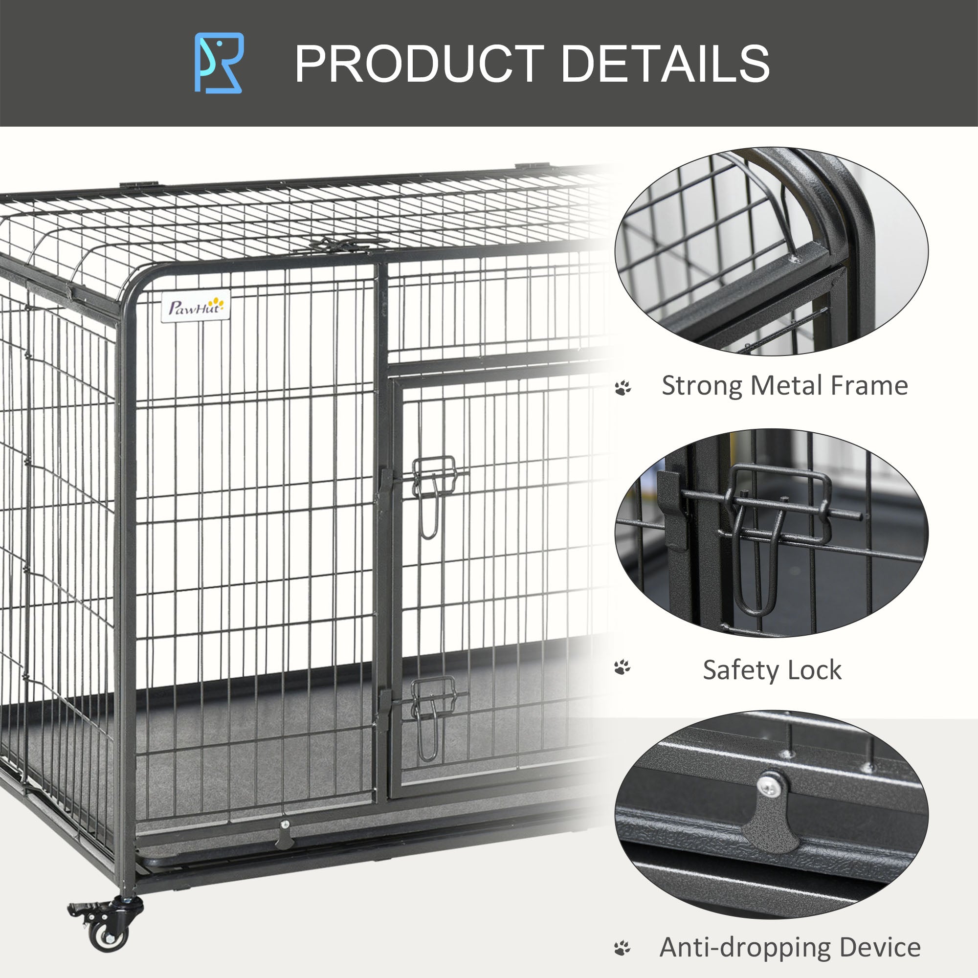 Black metal dog crate with four locking wheels safety lock easy access removable tray 125l x 76w for extra large pets
