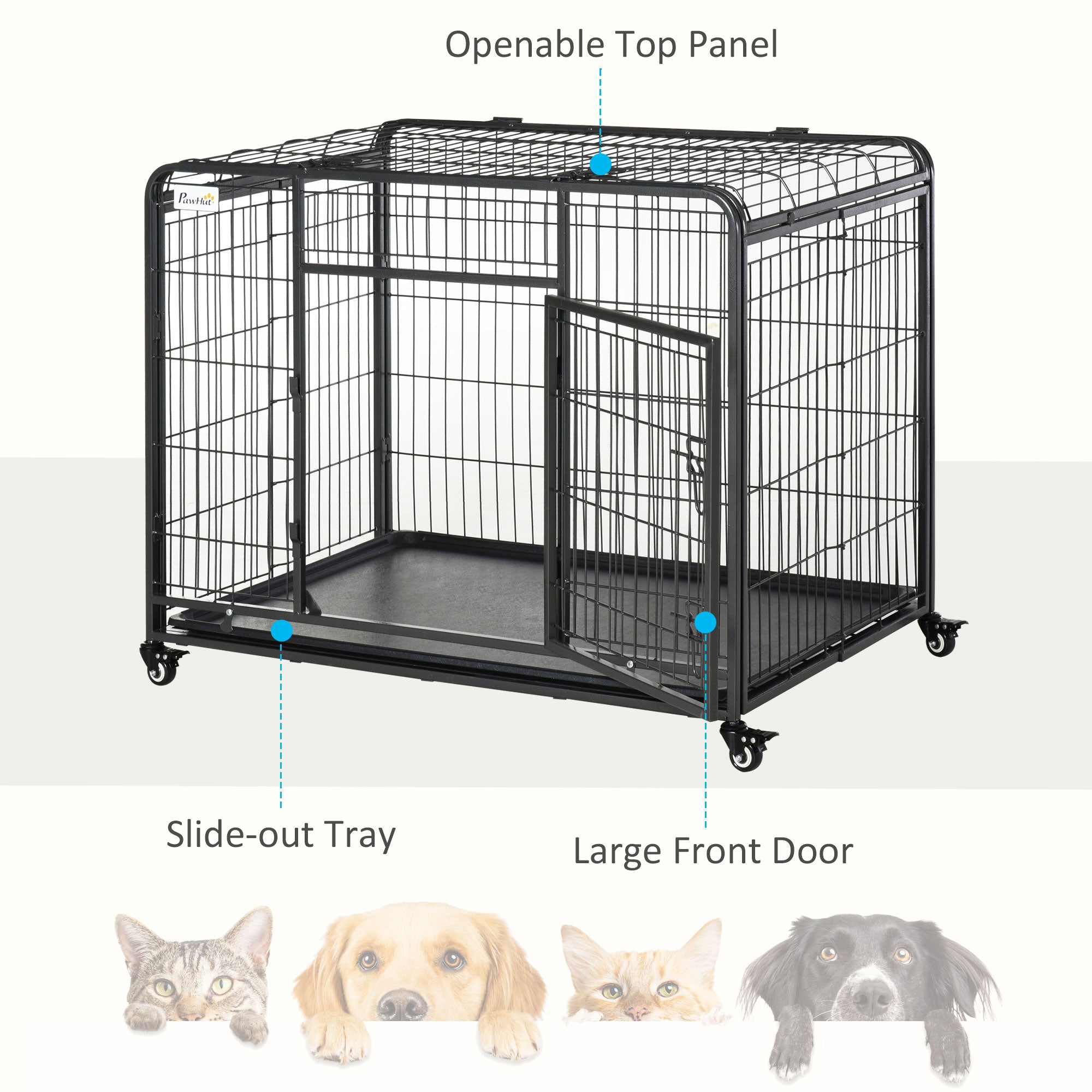 Black metal dog crate with four locking wheels, slide-out tray, and large front door for easy access pets
