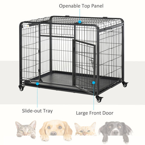 Black metal dog crate with four locking wheels, slide-out tray, and large front door for easy access pets