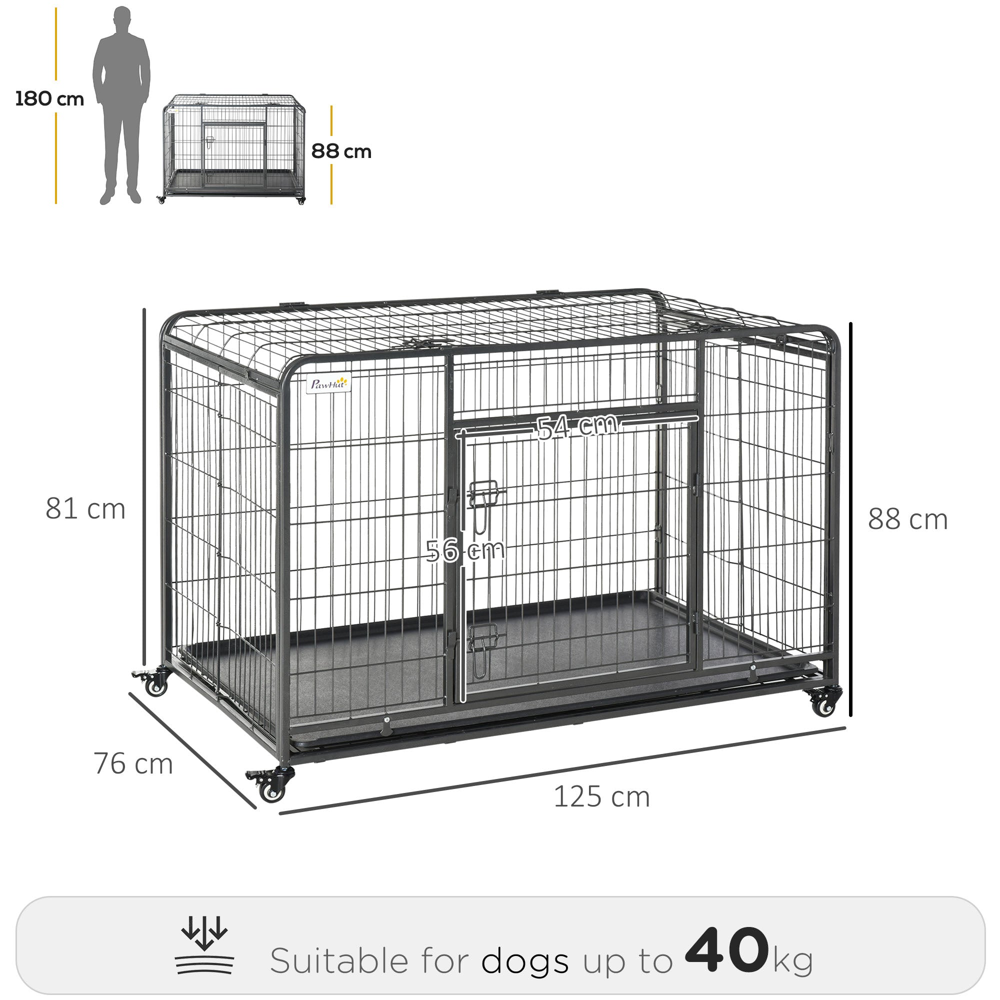 Black metal wire dog crate with four locking wheels, easy access sliding door, and removable tray 125l x 76w cm