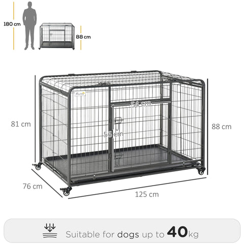 Black metal wire dog crate with four locking wheels, easy access sliding door, and removable tray 125l x 76w cm