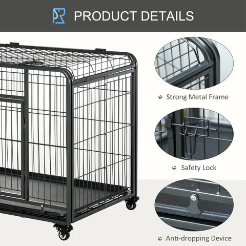 Black metal pawhut dog crate with four locking wheels, safety lock, easy access, and removable tray for large pets