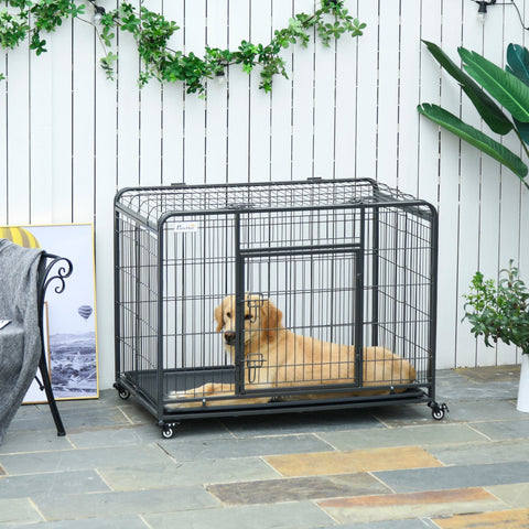 Black metal wire dog crate with four locking wheels, easy access sliding door, and removable tray for large pets