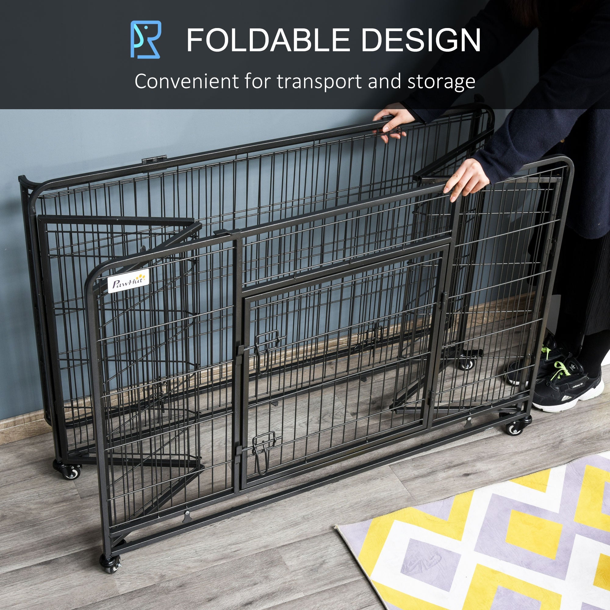Black foldable metal pet crate with four locking wheels easy access door and removable tray 125l x 76w for large pets