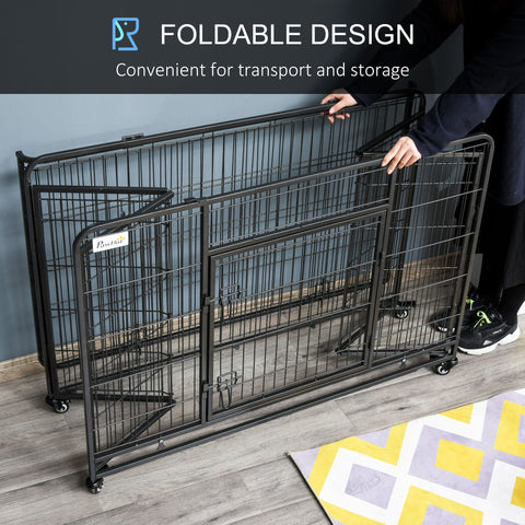 Black foldable metal pet crate with four locking wheels easy access door and removable tray 125l x 76w for large pets