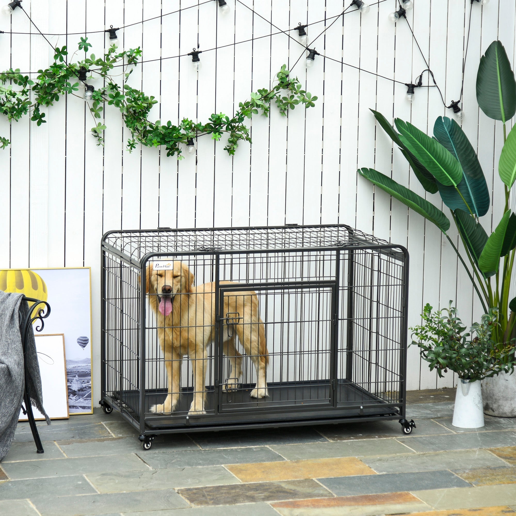 Black metal dog crate by pawhut with four locking wheels easy access sliding door and removable tray 125l x 76w cm