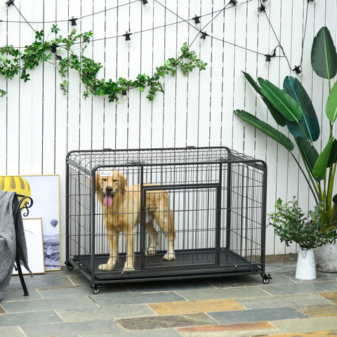 Black metal dog crate by pawhut with four locking wheels easy access sliding door and removable tray 125l x 76w cm