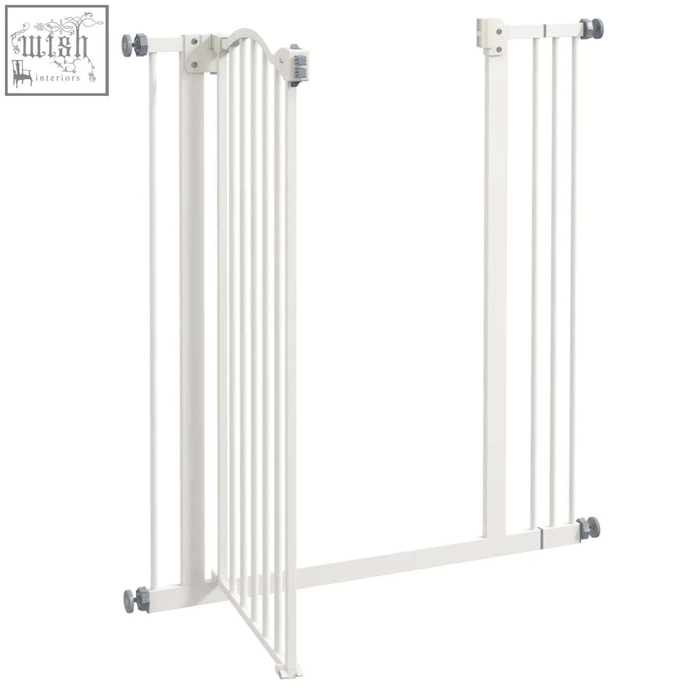 White pawhut metal safety gate with vertical bars and adjustable ends featuring double locking mechanism