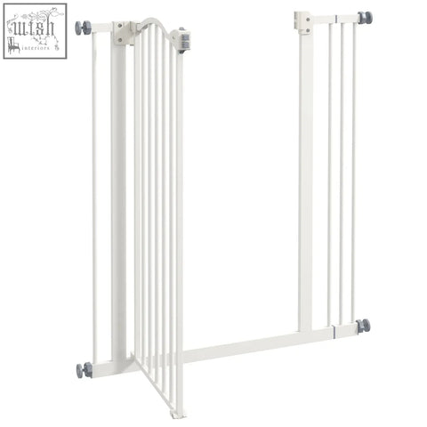 White pawhut metal safety gate with vertical bars and adjustable ends featuring double locking mechanism