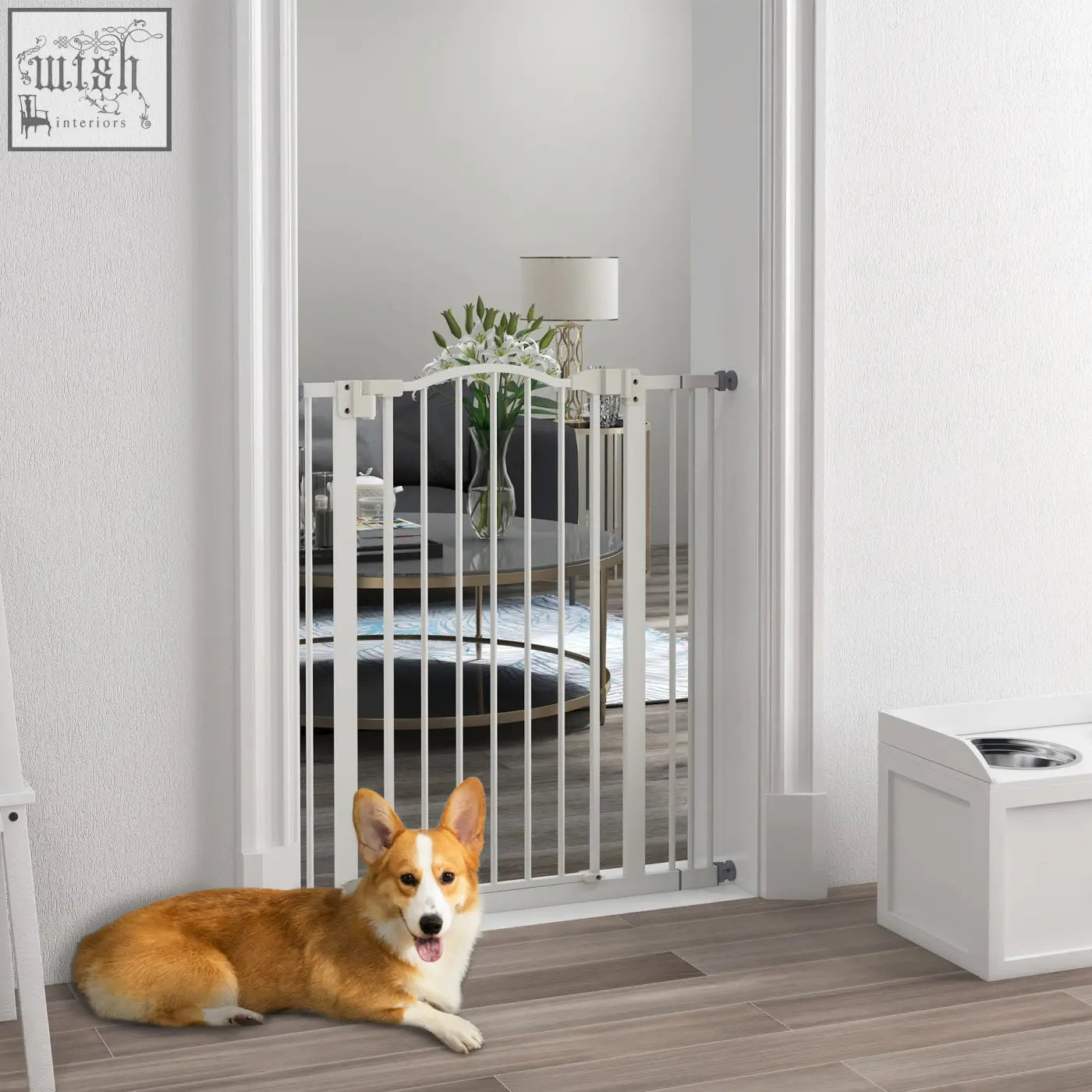 White metal pet safety gate with arched top and double locking mechanism for secure dog containment
