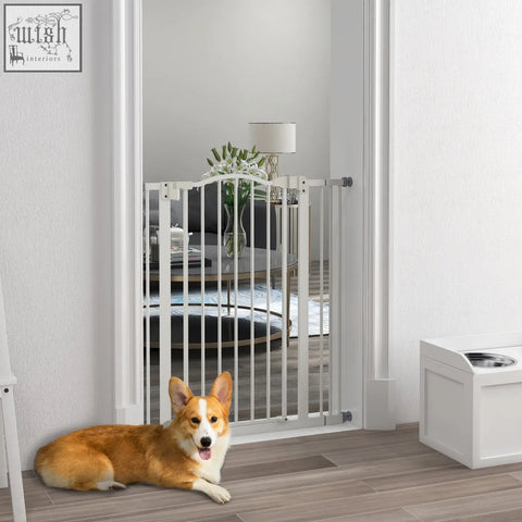 White metal pet safety gate with arched top and double locking mechanism for secure dog containment