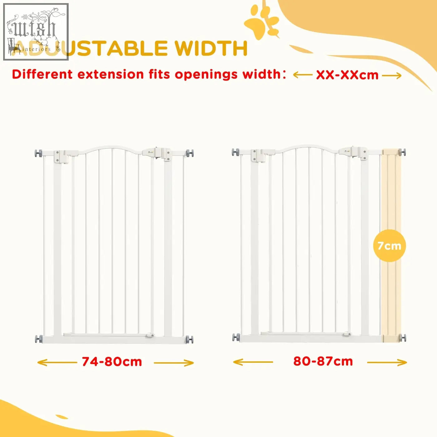 White pawhut metal safety gate with vertical slats and 7cm side panel features double locking mechanism