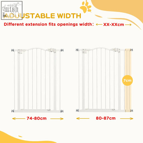 White pawhut metal safety gate with vertical slats and 7cm side panel features double locking mechanism
