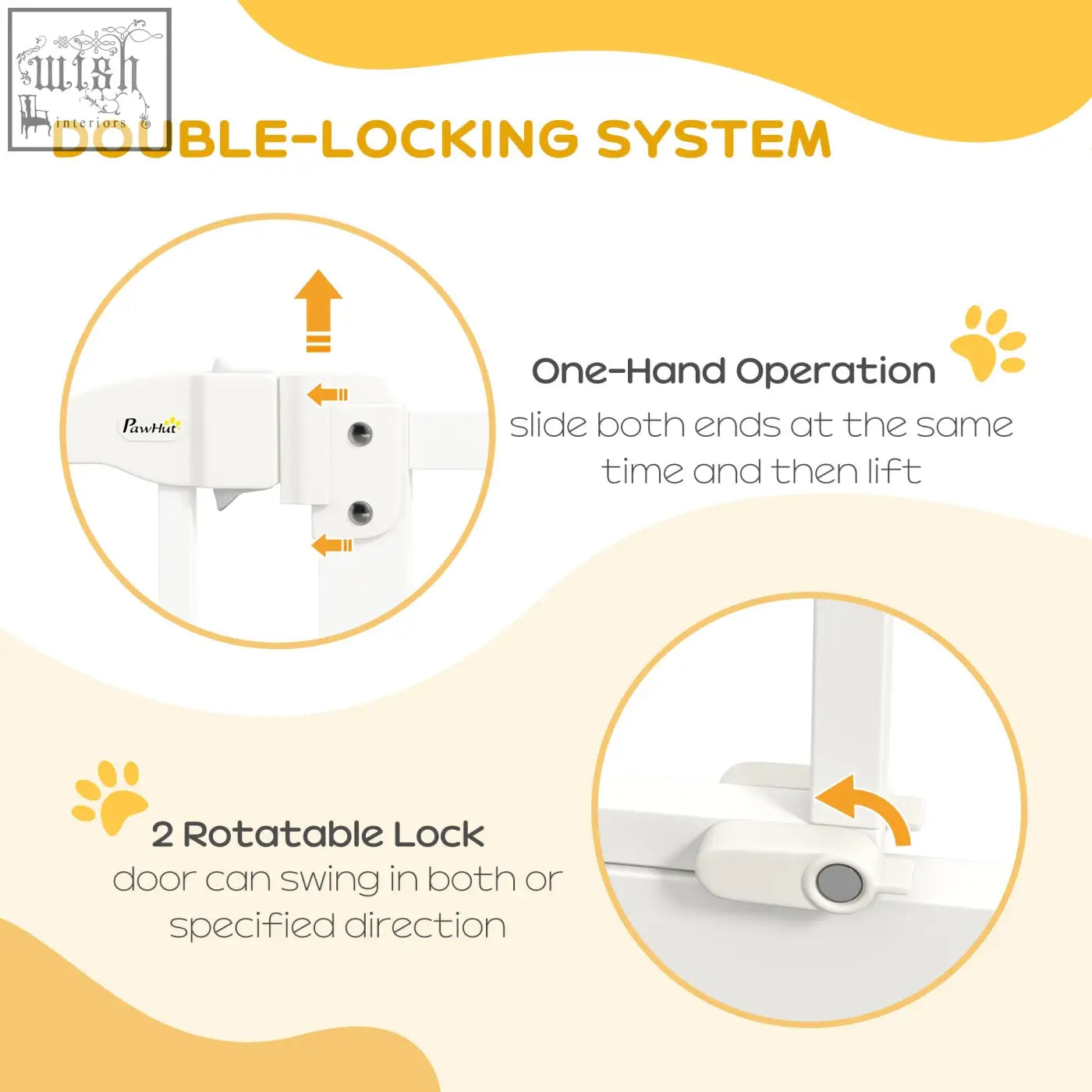 White pawhut metal pet safety gate with double locking mechanism and rotatable lock for secure dog fence