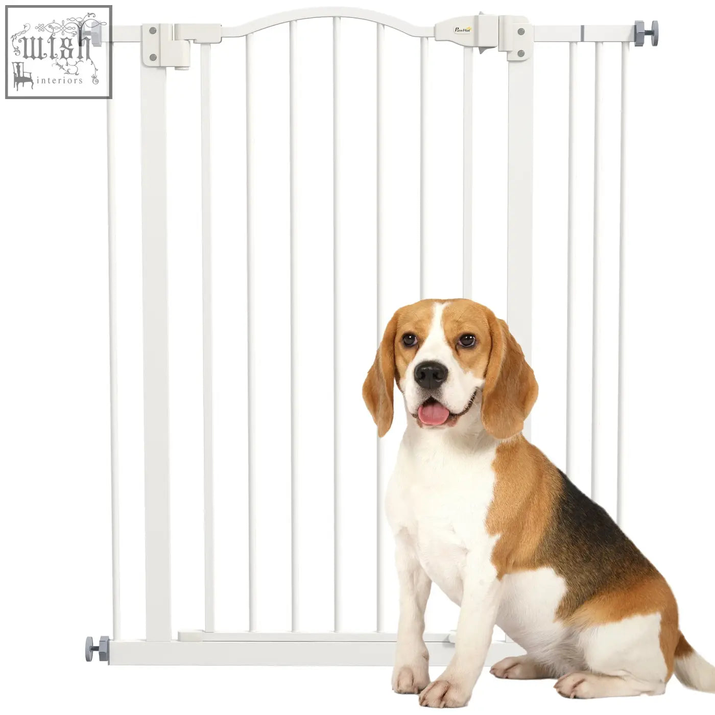 White metal pawhut pet safety gate with arched top adjustable side brackets and double locking mechanism 74-87cm