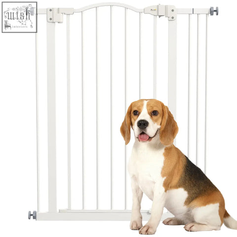 White metal pawhut pet safety gate with arched top adjustable side brackets and double locking mechanism 74-87cm