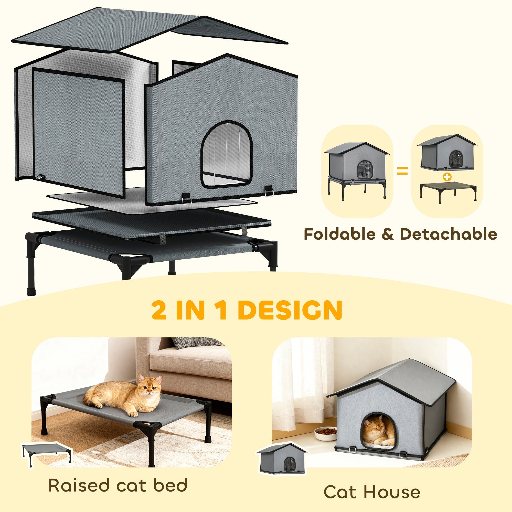 Gray fabric outdoor cat house with mesh window and black metal frame foldable 2-in-1 pawhut pet bed