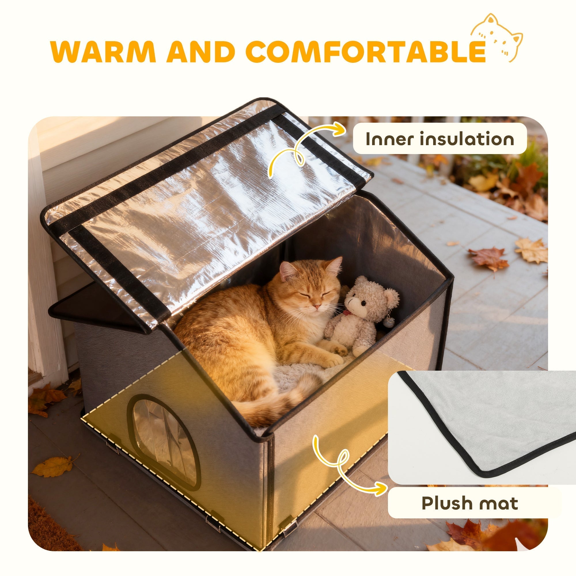 Cozy foldable grey pawhut outdoor cat house with reflective silver insulation and soft plush mat inside